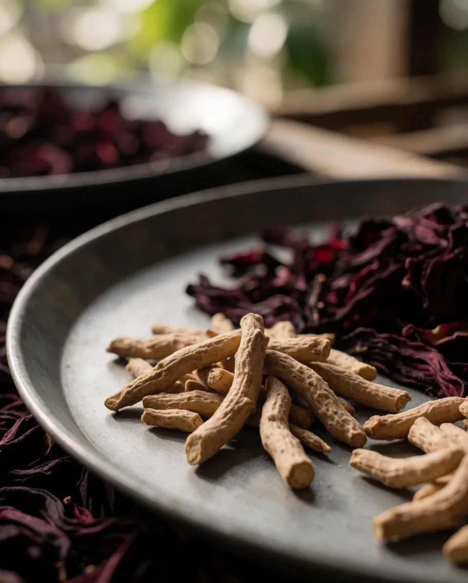 Dried botanical specimens on a zinc surface