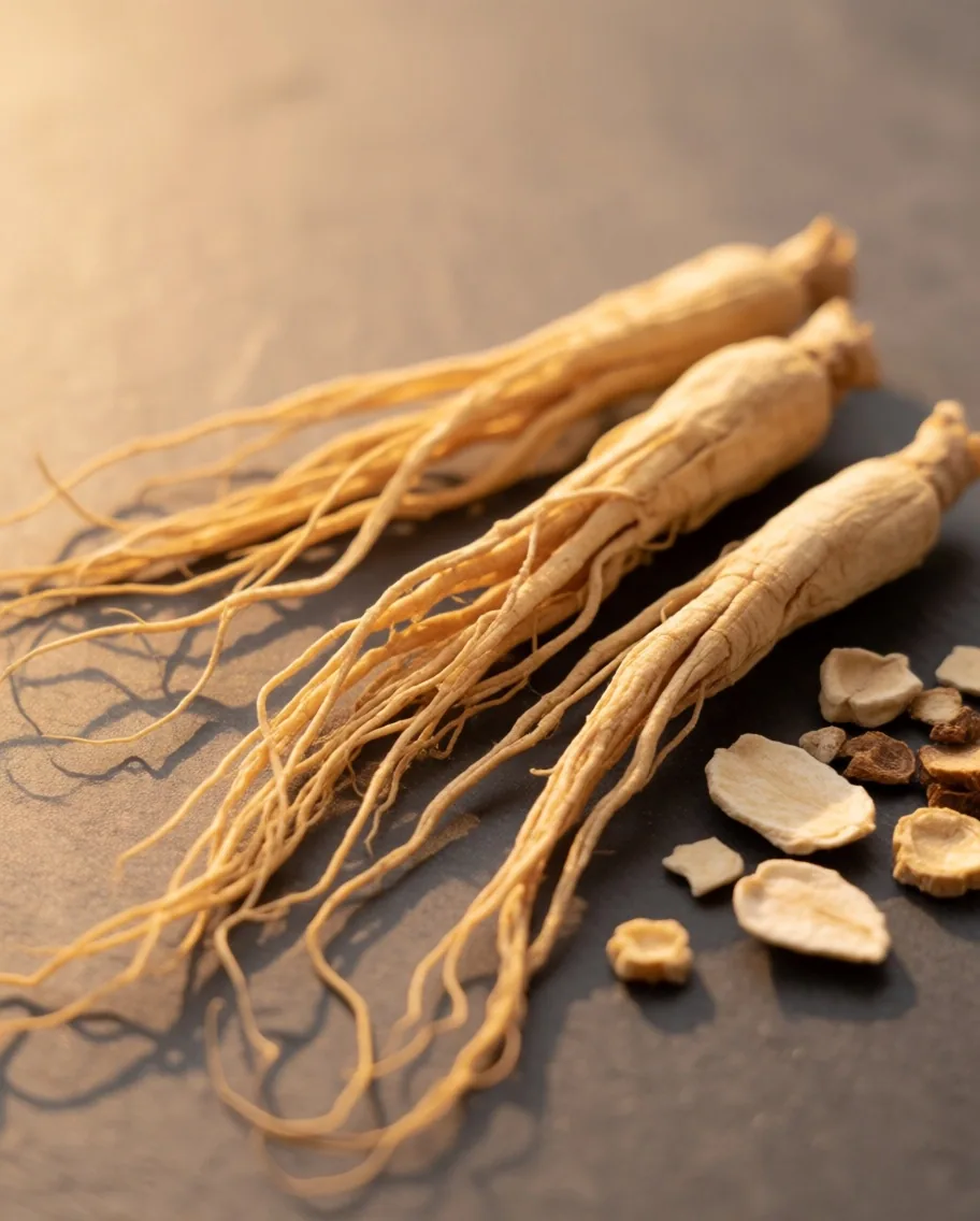 Ginseng root specimens on matte surface